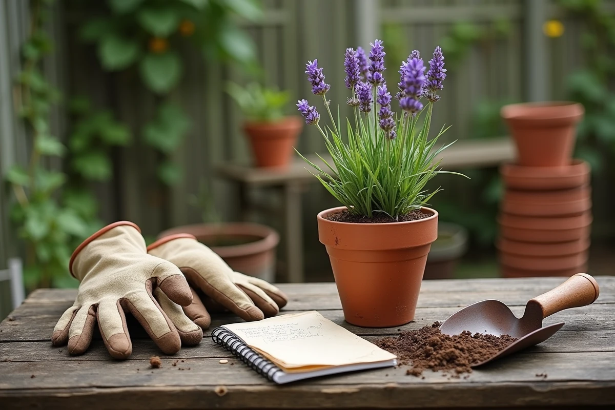 Accessoires de jardinage posés sur un établi en bois: gants usés, pot en terre cuite avec lavande transplantée, truelle, sachets de graines et carnet de notes manuscrites pour la planification du jardin.