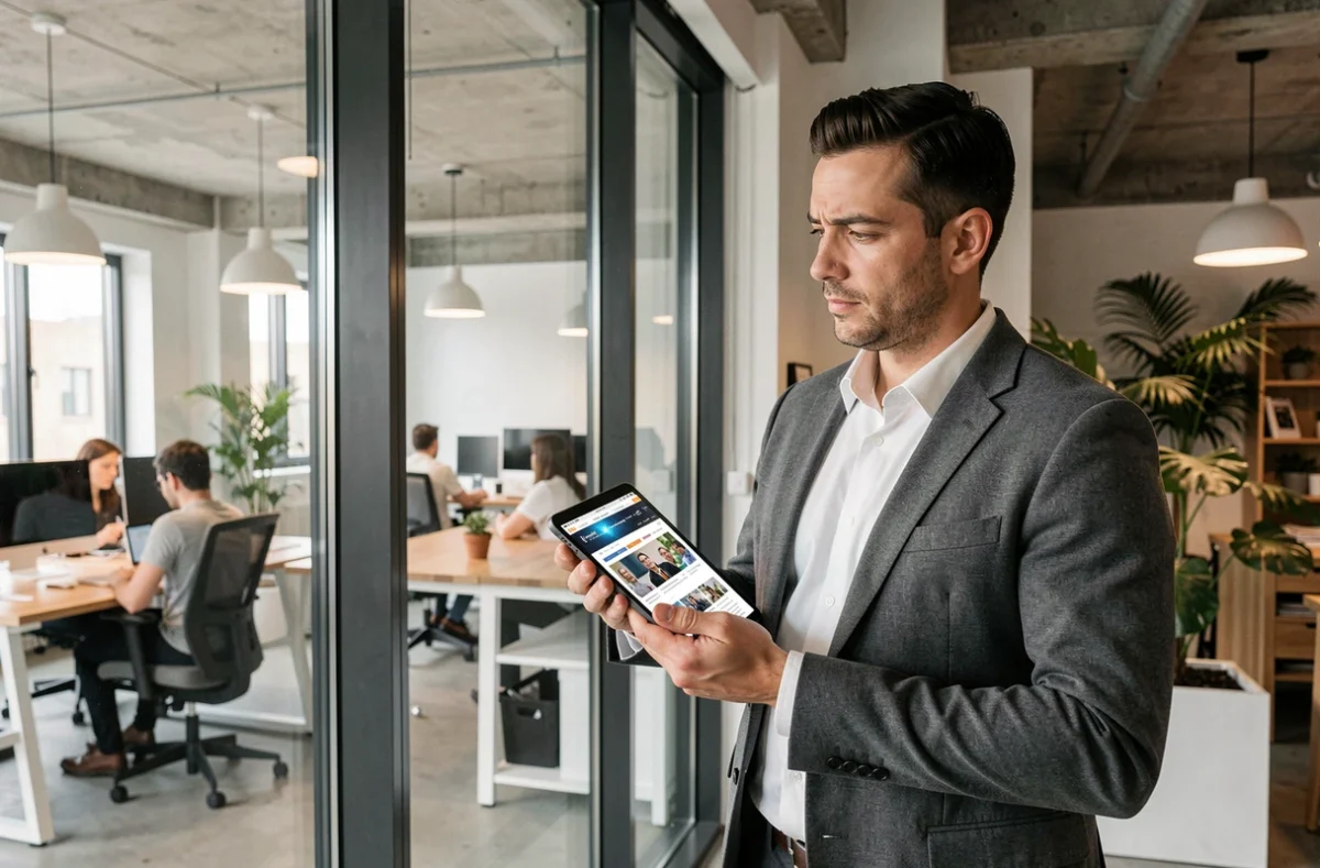 Homme professionnel consultant l'actualité numérique sur une tablette dans un espace de coworking contemporain