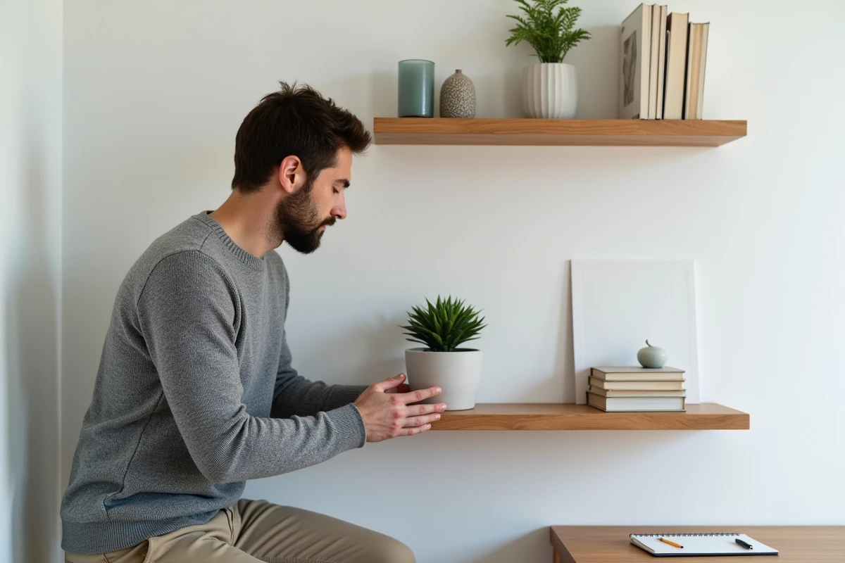 Homme arrangeant une étagère minimaliste dans un coin bureau à domicile soigneusement décoré