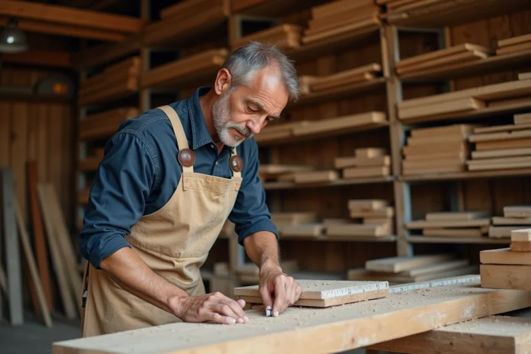 Artisan charpentier mesurant une planche en bois dans son atelier, illustrant le métier et le salaire d'un artisan du bâtiment