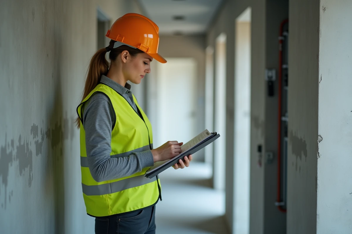 Électricienne artisane consultant une facture devant un tableau électrique dans un chantier de rénovation résidentielle
