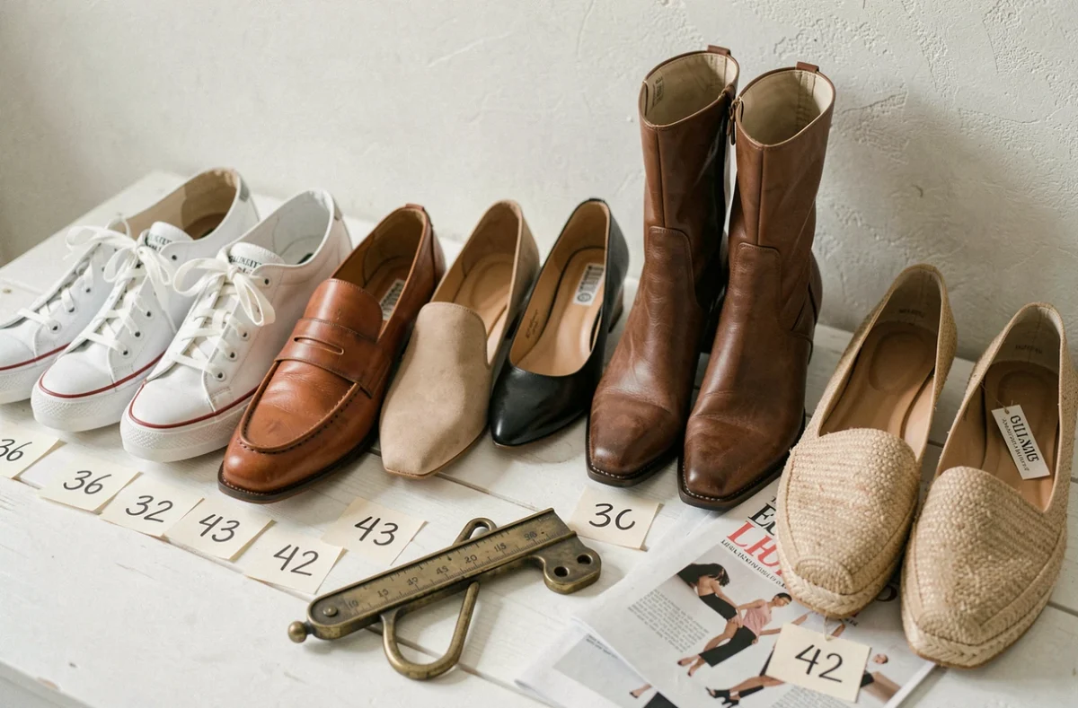 Assortiment de chaussures avec étiquettes de pointures françaises de 36 à 42 disposées sur une table blanche