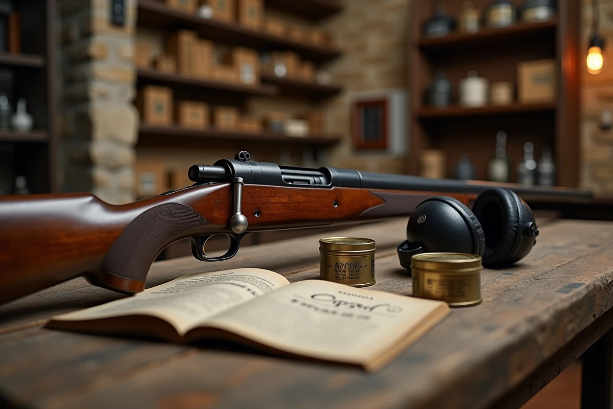 Carabine à plomb posée sur une table dans une armurerie espagnole avec accessoires de tir