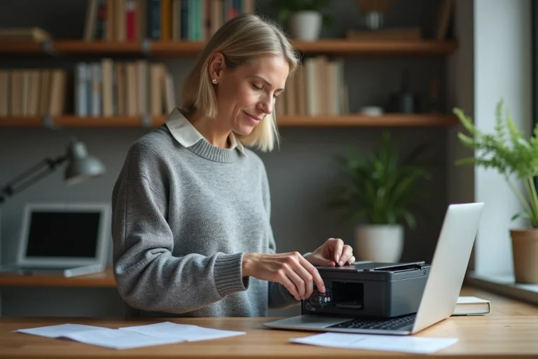 Femme installant une cartouche compatible dans une imprimante à jet d'encre sur un bureau à domicile