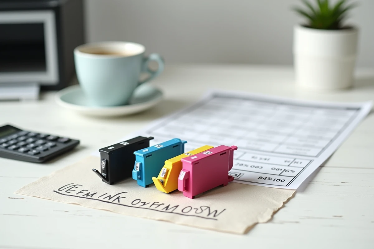 Cartouches d'encre compatibles tierces posées sur un bureau avec une feuille de comparaison de prix et une calculatrice