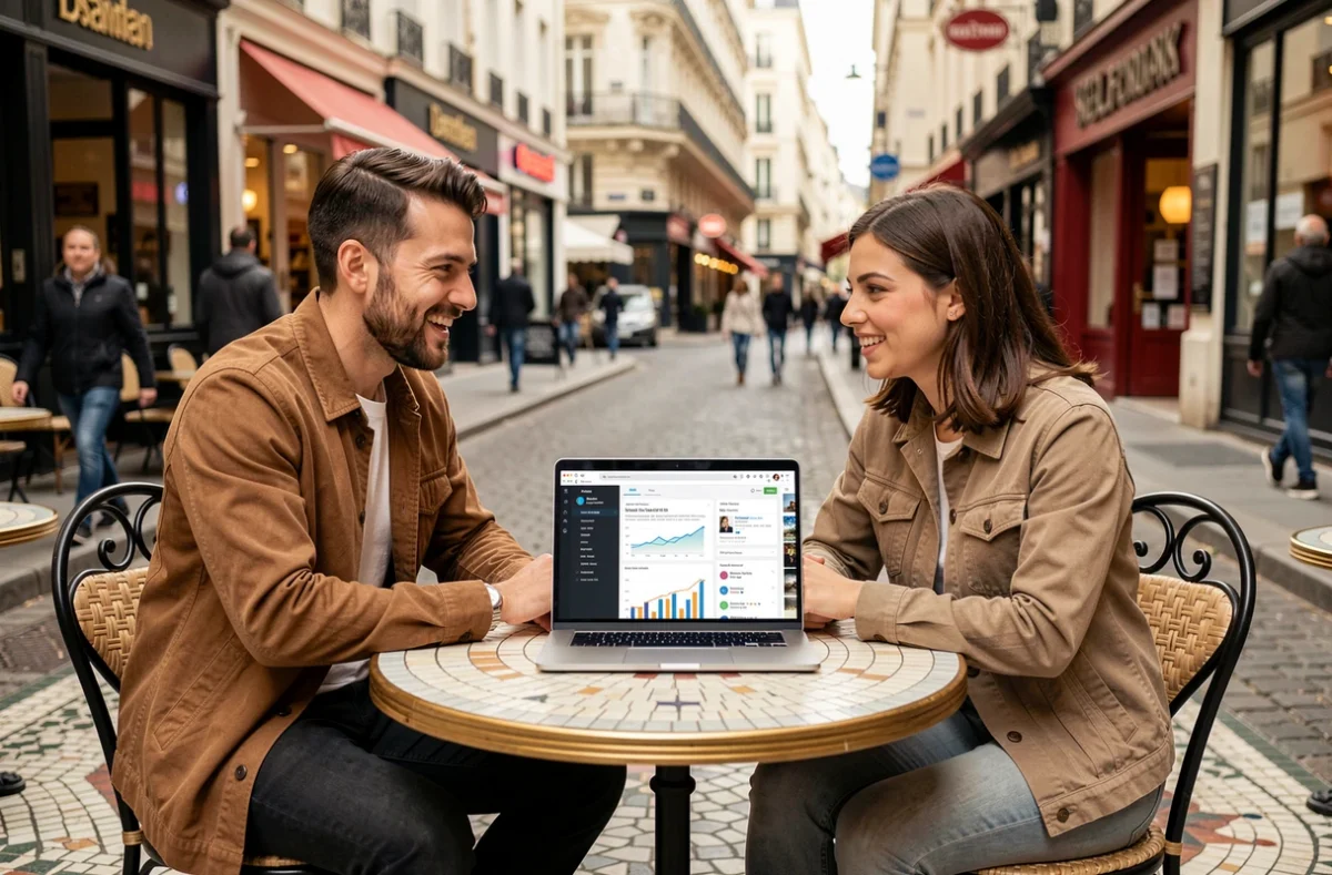 Deux collègues discutant des tendances et actualités web ensemble autour d'un ordinateur portable en terrasse de café urbain