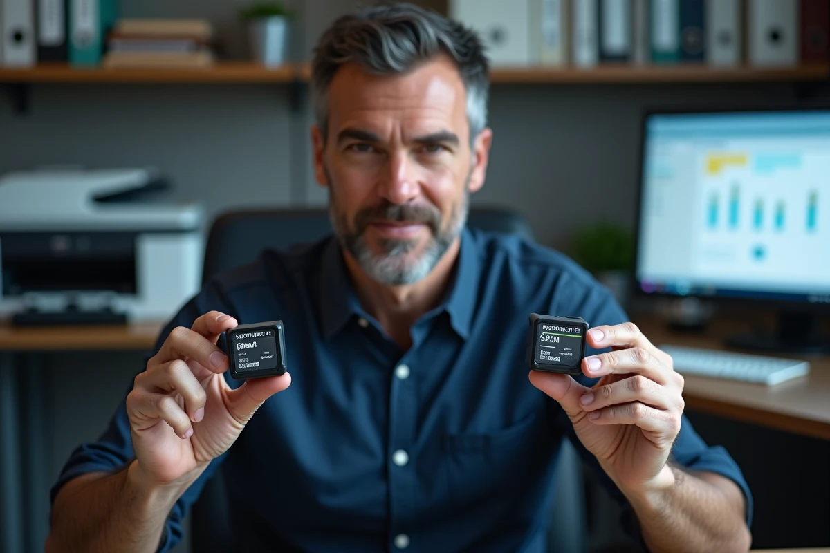 Homme comparant une cartouche d'encre OEM et une cartouche compatible tierce dans un bureau professionnel