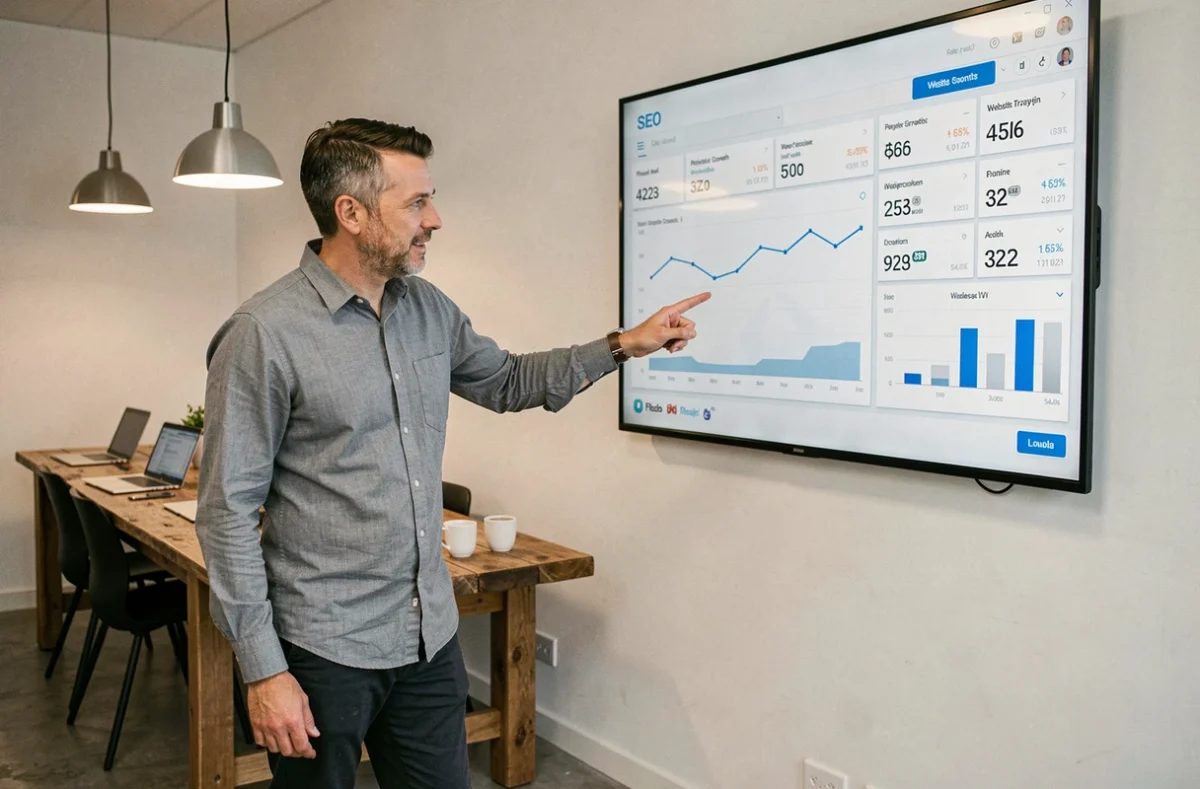 Consultant présentant des stratégies de référencement et de visibilité web sur un écran dans un espace de coworking
