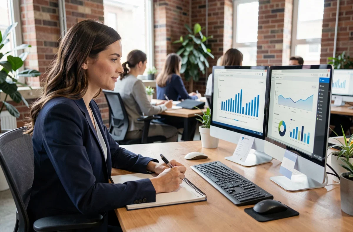 Consultante en marketing digital analysant des tableaux de bord de visibilité en ligne dans un bureau moderne