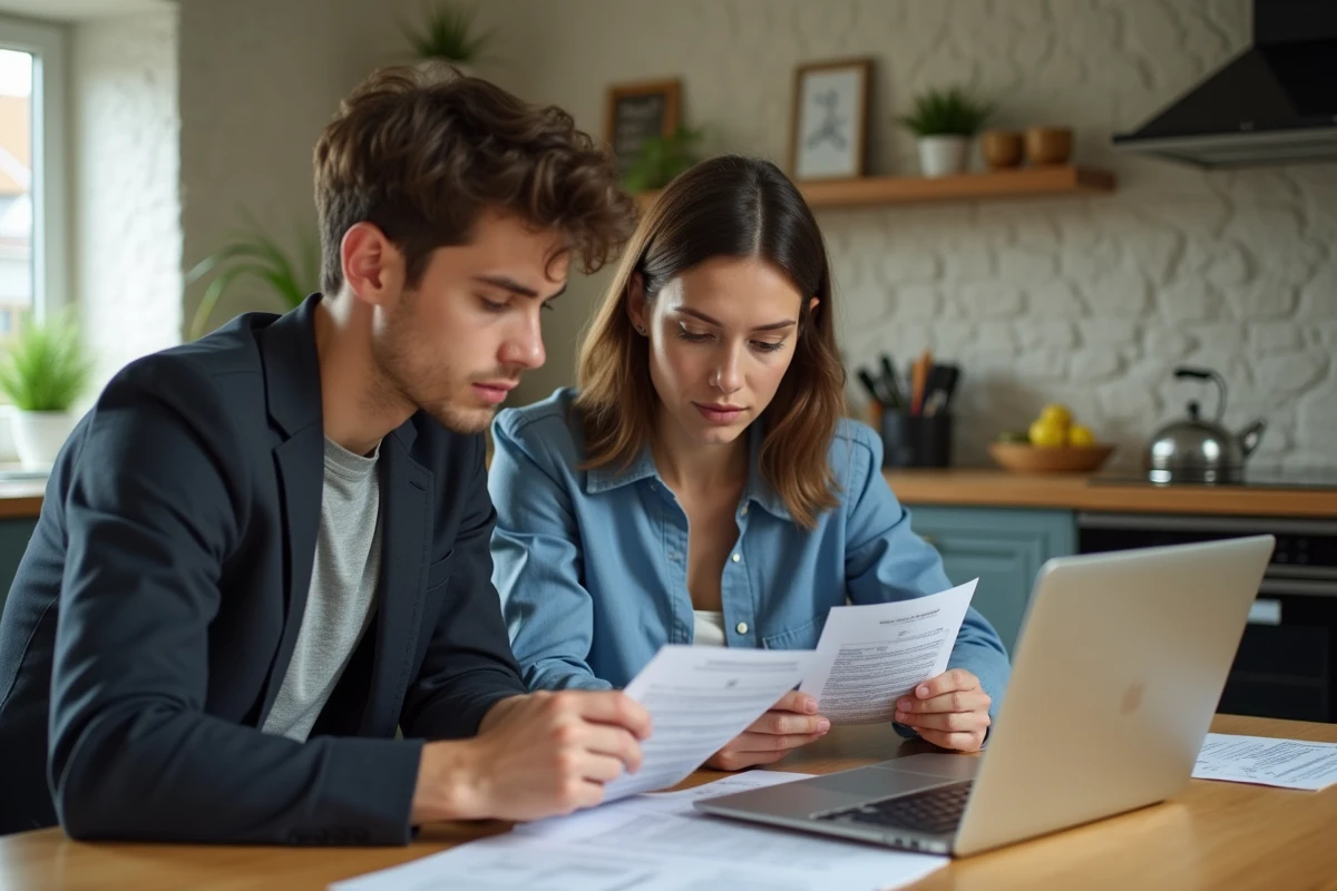 Jeune couple examinant des documents de prêt immobilier à la maison
