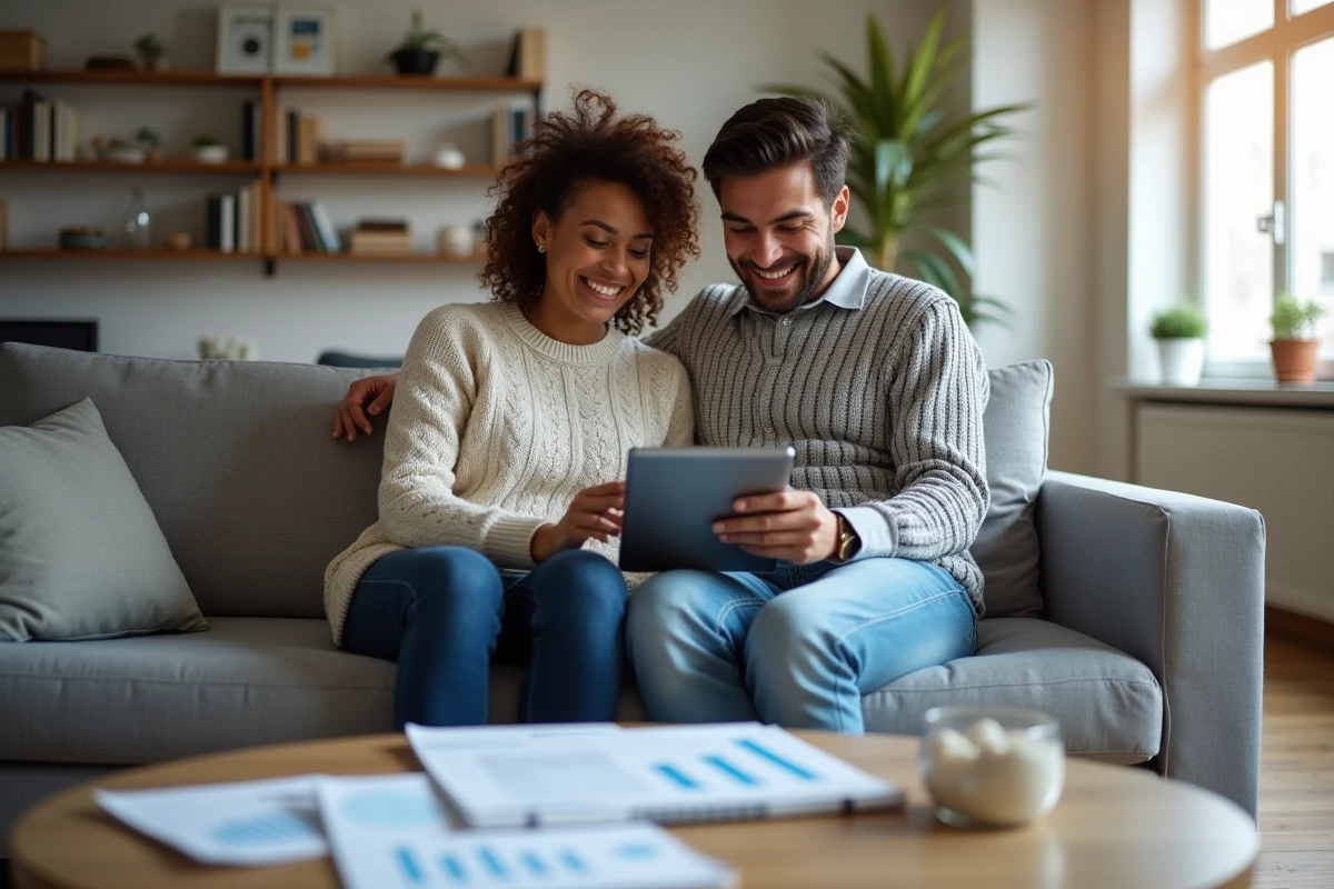 Couple planifiant leur budget familial ensemble sur une tablette dans un salon contemporain