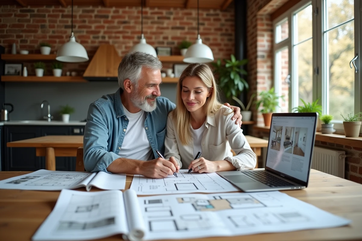 Couple planifiant la décoration intérieure de leur maison autour d'une table avec magazines et plans