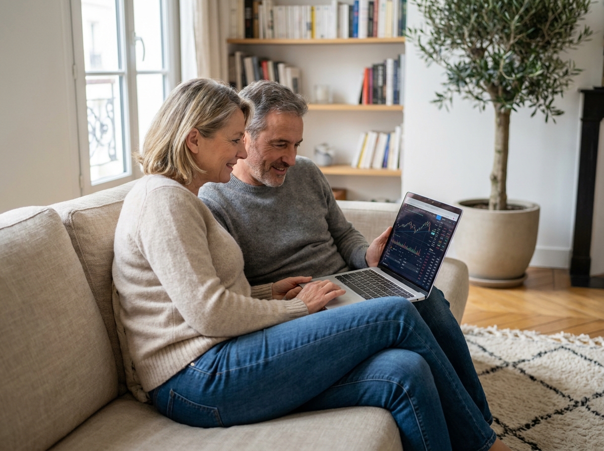 Couple consultant une simulation de regroupement de prêts sur ordinateur portable dans leur salon