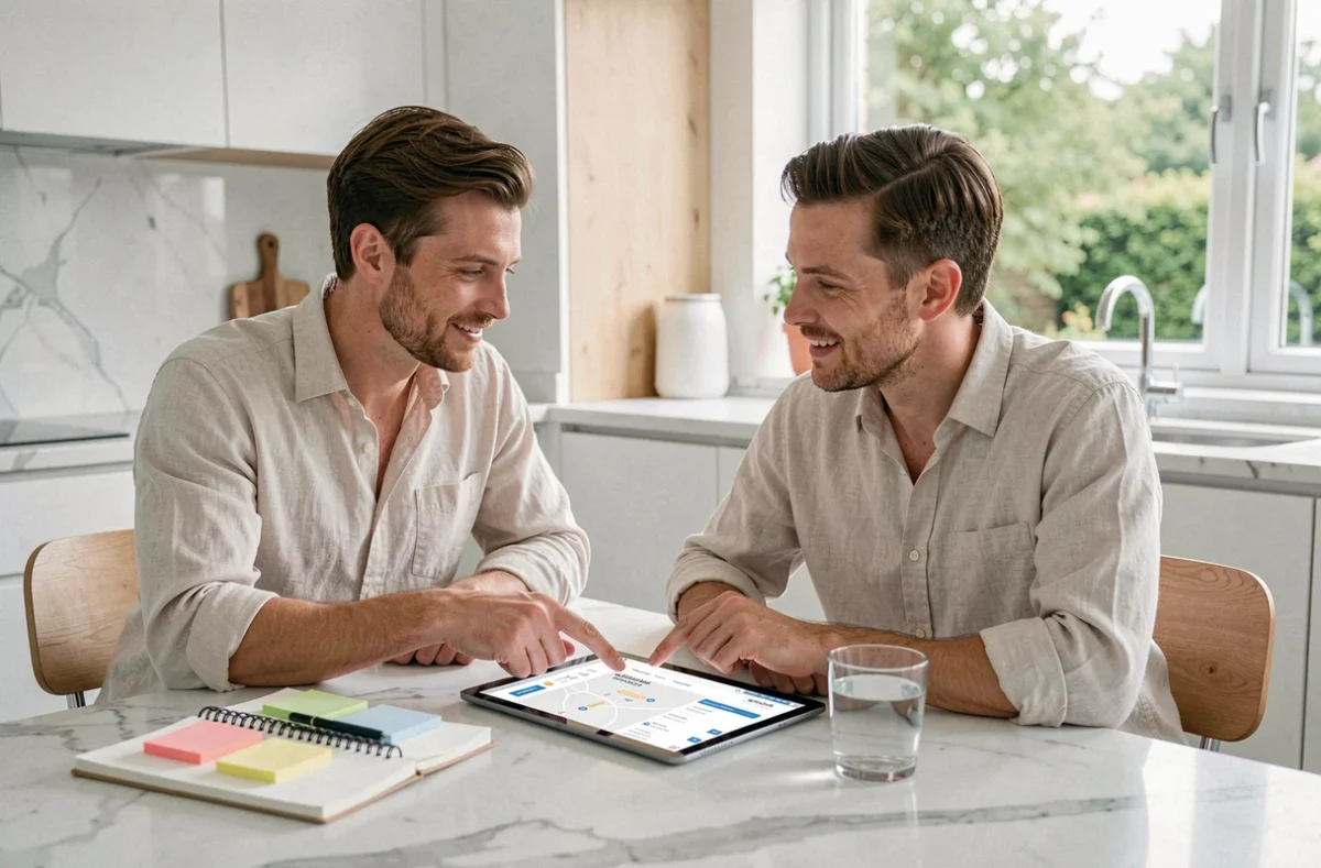 Couple consultant le plan du site mariage sur une tablette dans une cuisine moderne pour organiser leur événement