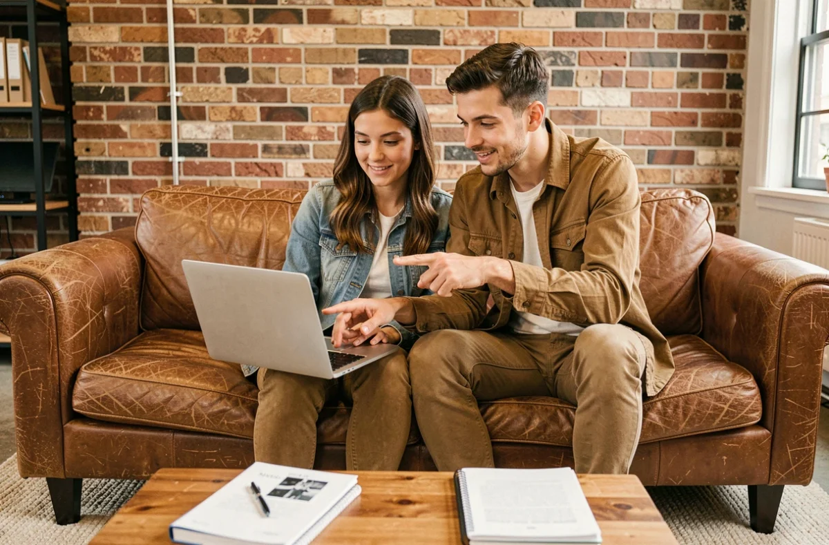 Deux professionnels consultant ensemble un plan de site sur un ordinateur portable dans un espace de coworking