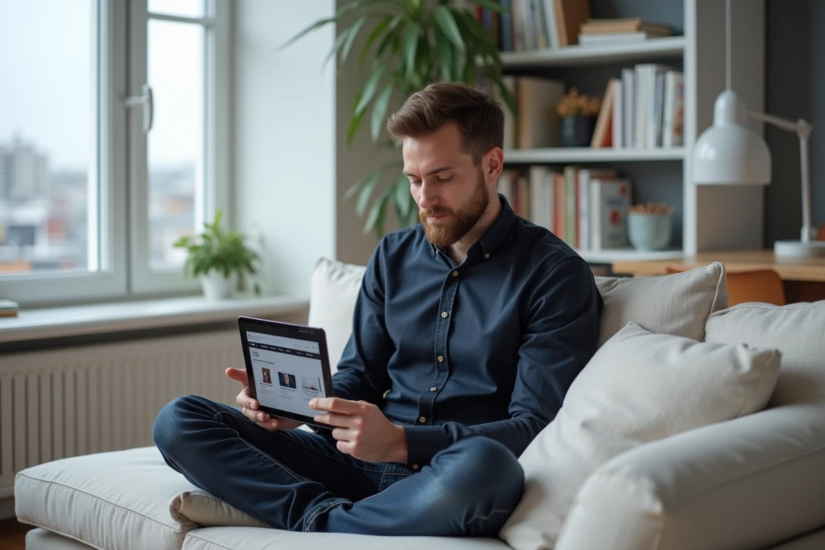 Développeur web analysant un design responsive sur tablette dans un espace de travail minimaliste à domicile