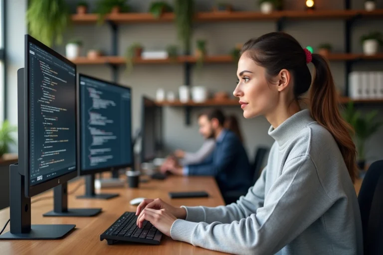 Développeuse web concentrée travaillant sur un projet de design d'interface moderne dans un bureau contemporain