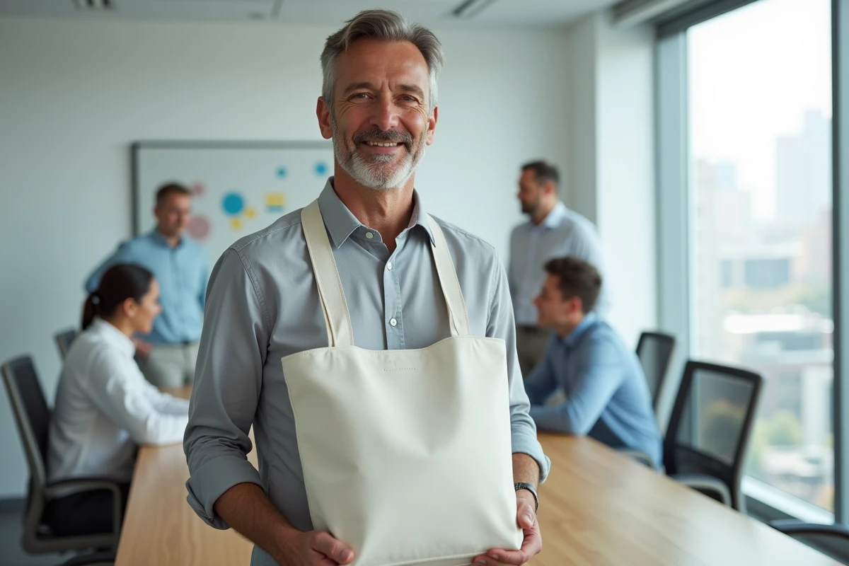 Entrepreneur présentant un tote bag Isotoner personnalisé lors d'une réunion d'affaires, illustration des opportunités commerciales pour les entreprises