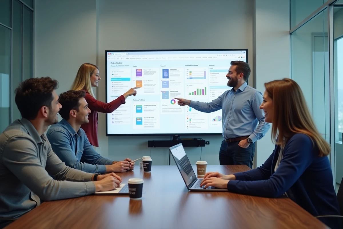 Équipe de développeurs web collaborant sur les tendances front-end et les frameworks modernes lors d'une réunion en startup