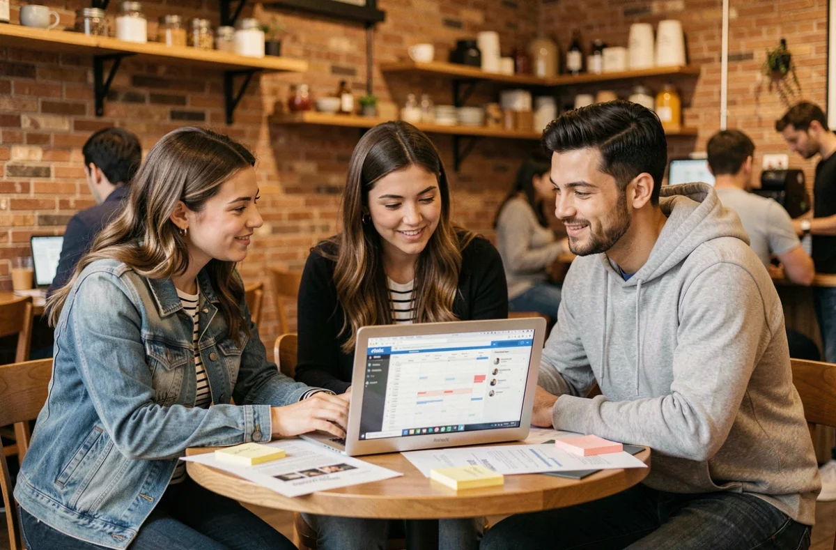 Équipe de jeunes professionnels collaborant sur une stratégie de contenu pour améliorer la visibilité en ligne dans un café