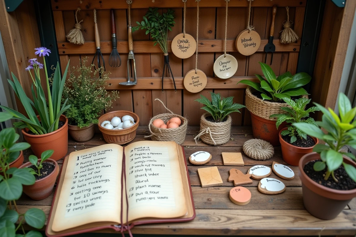 Collection d'étiquettes artisanales et de marqueurs céramiques pour nommer les plantes d'un petit jardin