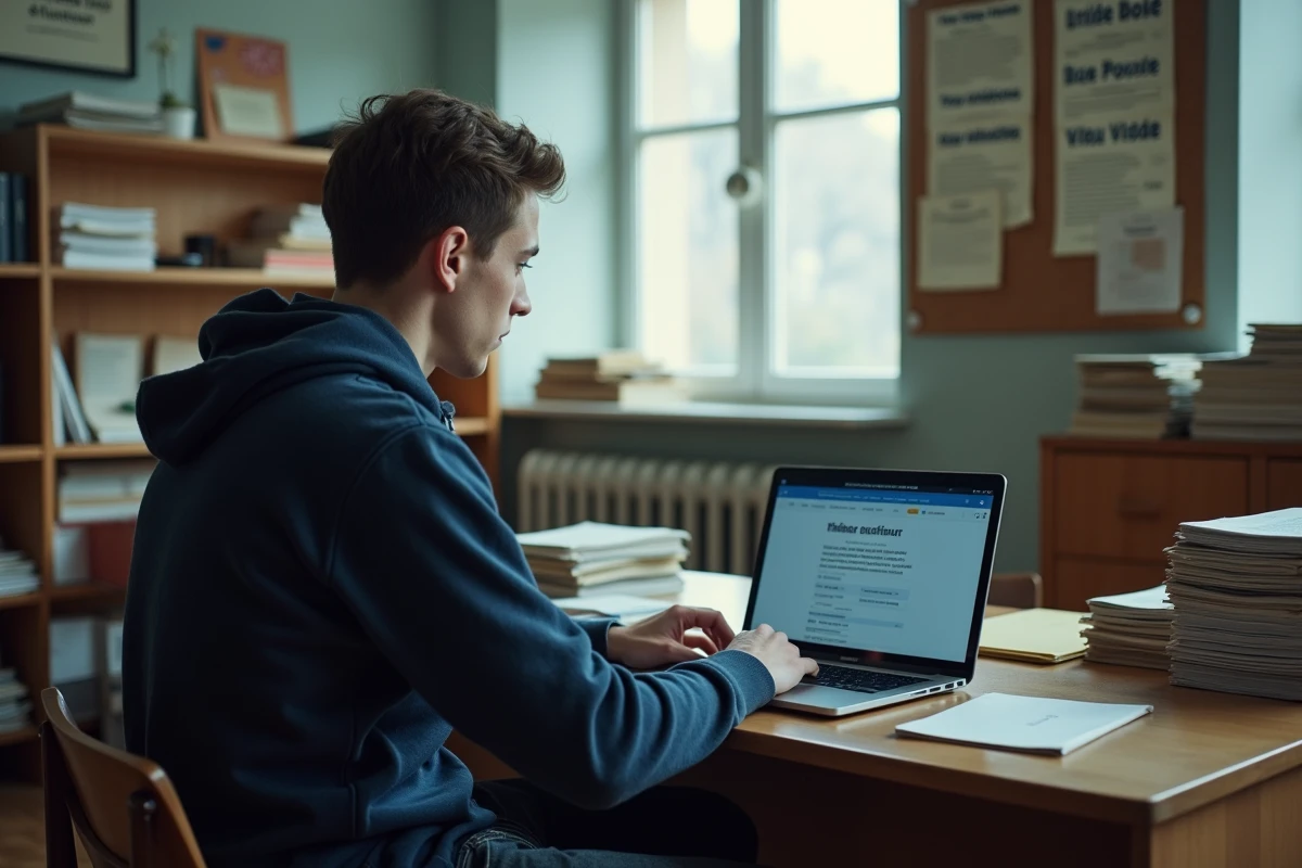 Étudiant consultant son statut sur liste d'attente universitaire sur un ordinateur portable