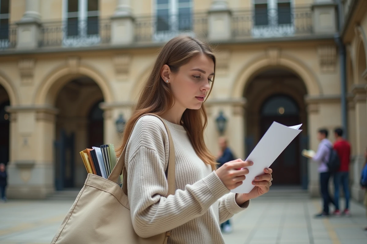 Étudiante consultant sa liste d'attente devant un bâtiment universitaire parisien en pierre