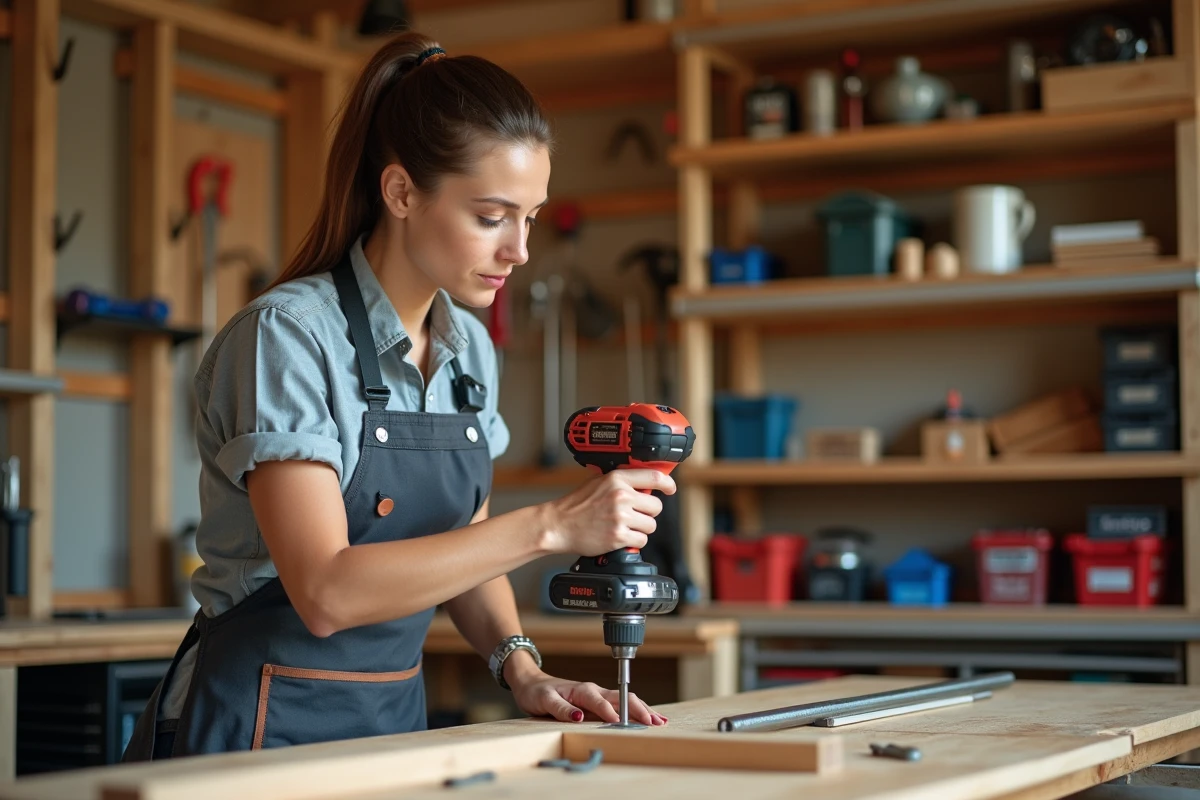 Jeune femme installant une étagère dans son garage pratique