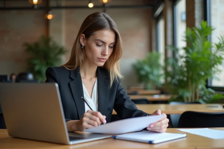 Jeune femme en bureau moderne travaillant concentrée