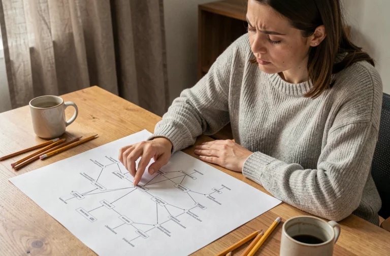 Femme consultant un plan de site imprimé sur un bureau en bois dans un bureau à domicile moderne