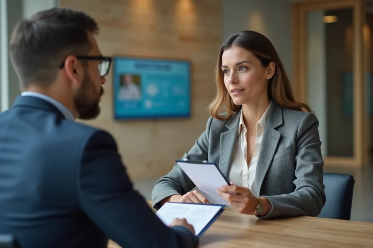 Femme en blazer discutant de crédit avec conseiller bancaire