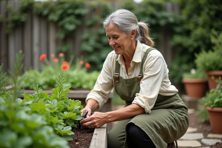 Femme d'une cinquantaine d'années taillant des plantes dans un potager surélevé en bois avec des cisailles de jardinage, entourée d'herbes aromatiques et de légumes verts dans un jardin résidentiel.