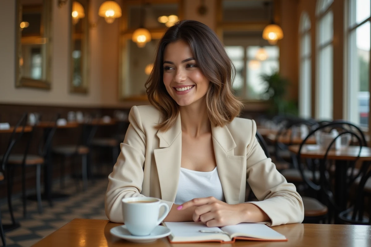 Femme élégante attablée dans un café parisien, évoquant la compagne discrète et raffinée de Florian Tardif
