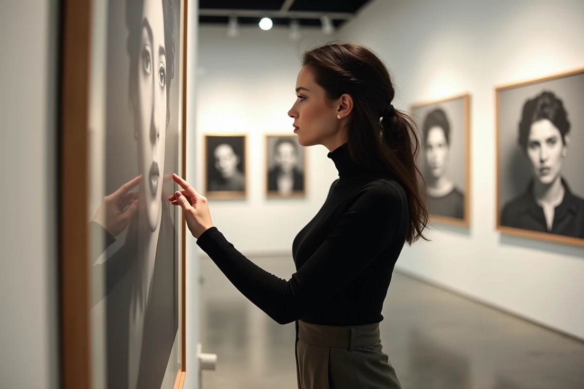 Jeune femme contemplant une photographie encadrée dans une galerie d'art parisienne consacrée à la photographie vintage