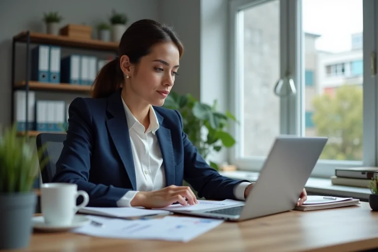 Femme professionnelle analysant des documents financiers sur un ordinateur portable dans un bureau moderne