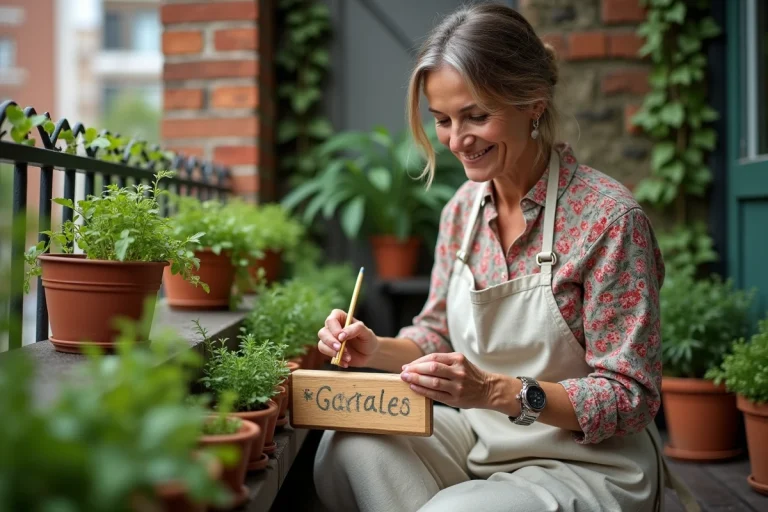 Femme peignant un panneau en bois personnalisé pour son petit jardin de balcon urbain avec des herbes aromatiques