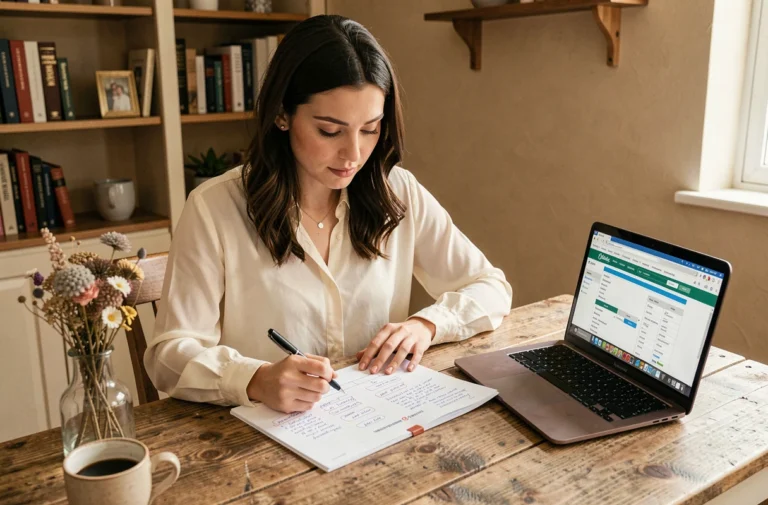 Jeune femme consultant un plan de site mariage imprimé à son bureau avec un ordinateur portable ouvert