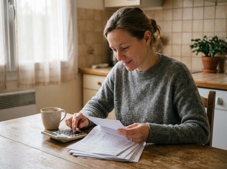 Femme consultant ses documents de rachat de crédits à la table de sa cuisine, expression soulagée