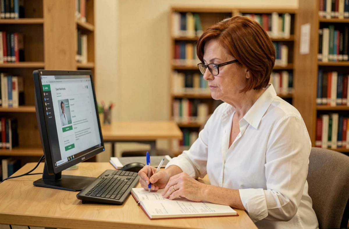 Femme d'âge mûr prenant des notes lors d'une recherche d'offres d'emploi en ligne à la bibliothèque