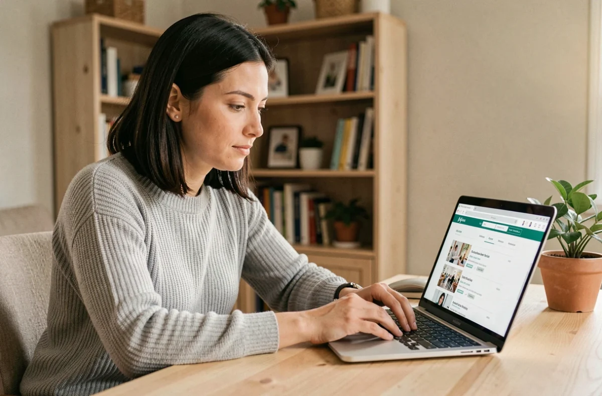 Femme cherchant des offres d'emploi en ligne sur son ordinateur portable dans un bureau à domicile