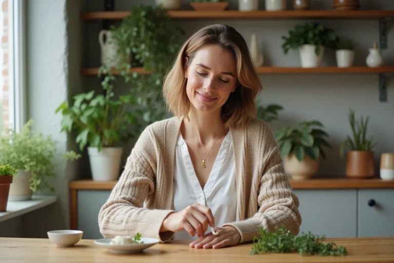 Femme appliquant un remède naturel sur sa main