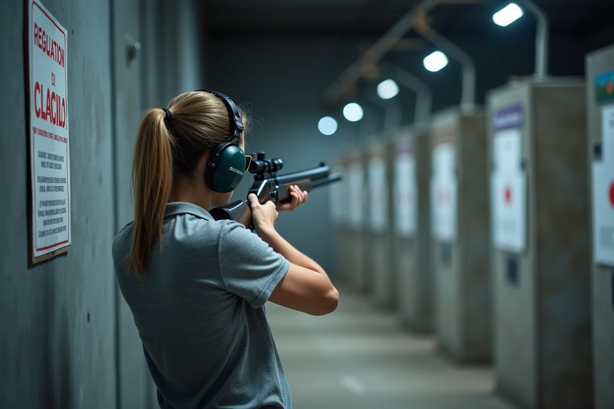 Femme visant avec une carabine à plomb dans un stand de tir intérieur en Espagne