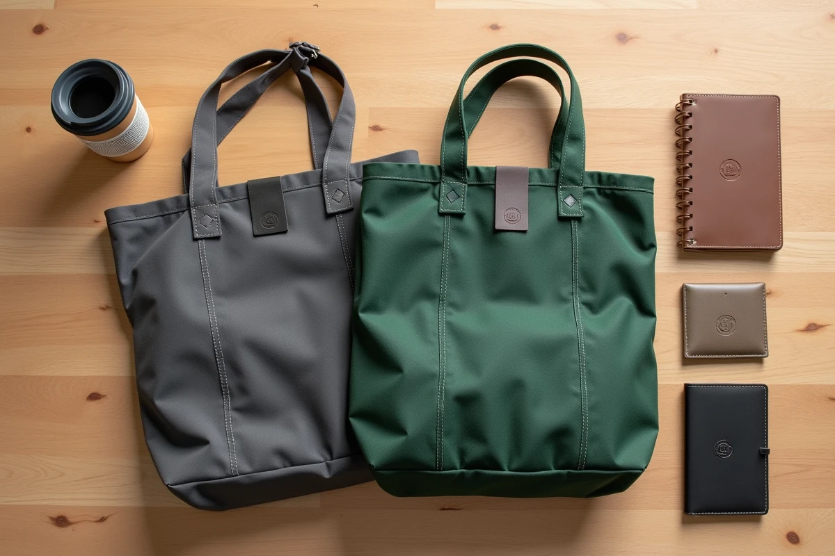 Totes bags Isotoner en pose flatlay sur bois clair avec accessoires du quotidien, présentation des modèles phares séduisant les acheteurs