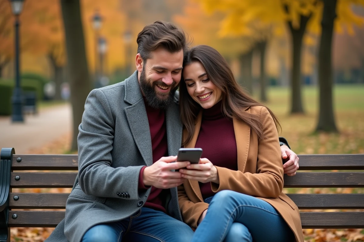 Couple complice assis sur un banc dans un jardin parisien en automne, illustrant la relation amoureuse de Florian Tardif