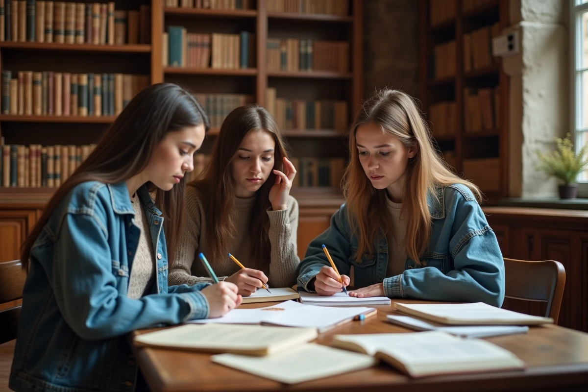 Groupe d'étudiants analysant ensemble des documents de liste d'attente dans une bibliothèque universitaire