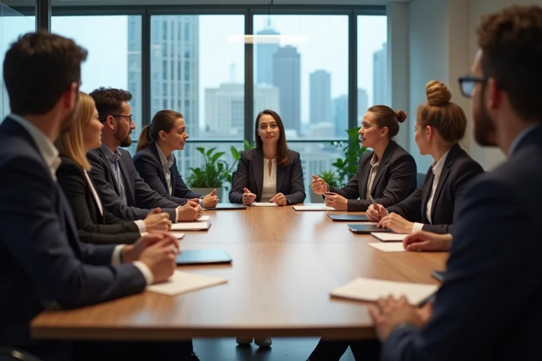 Groupe de professionnels en réunion dans un bureau moderne