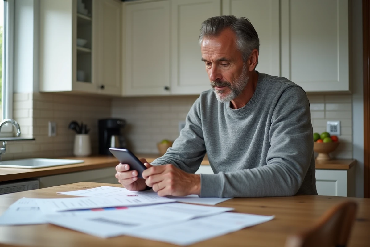 Homme consultant une application bancaire sur smartphone en vérifiant ses relevés financiers à la maison
