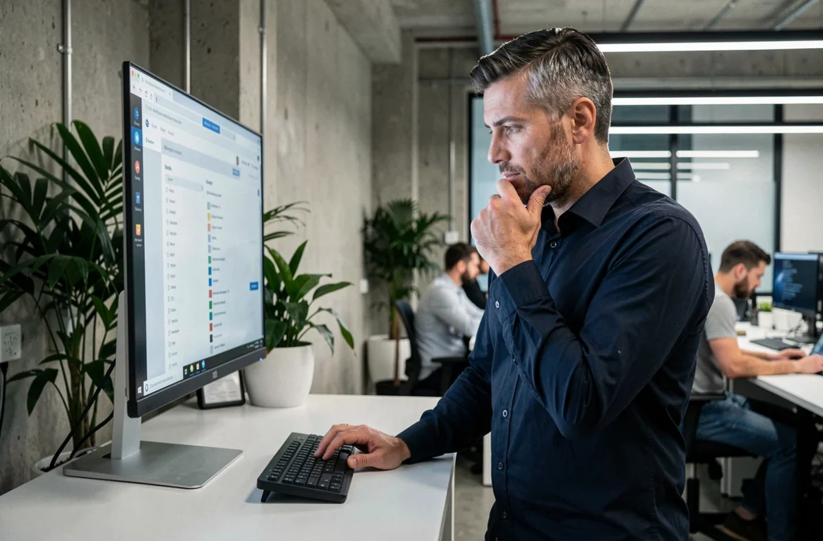 Homme debout devant un grand écran affichant un plan de site dans un bureau open space moderne
