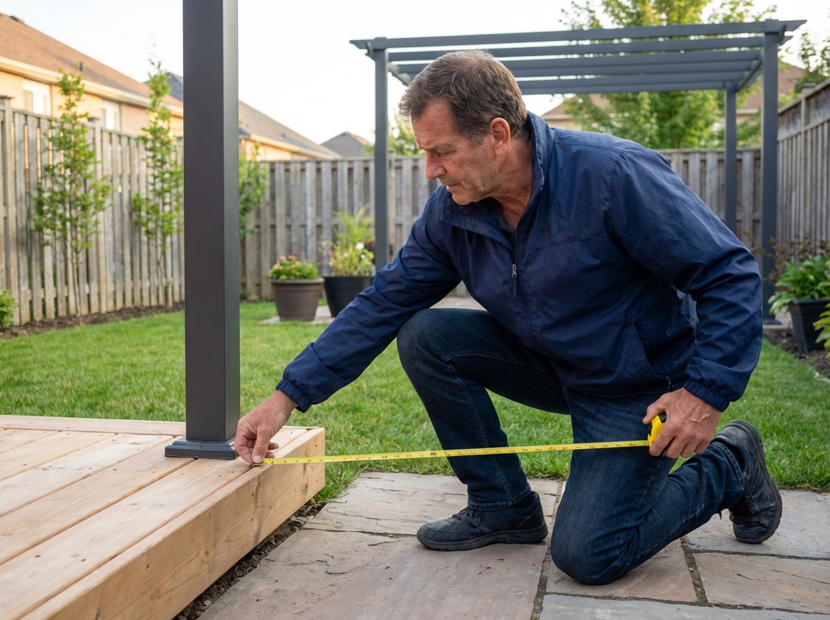 Homme mesurant un deck en bois avec une pergola dans un jardin