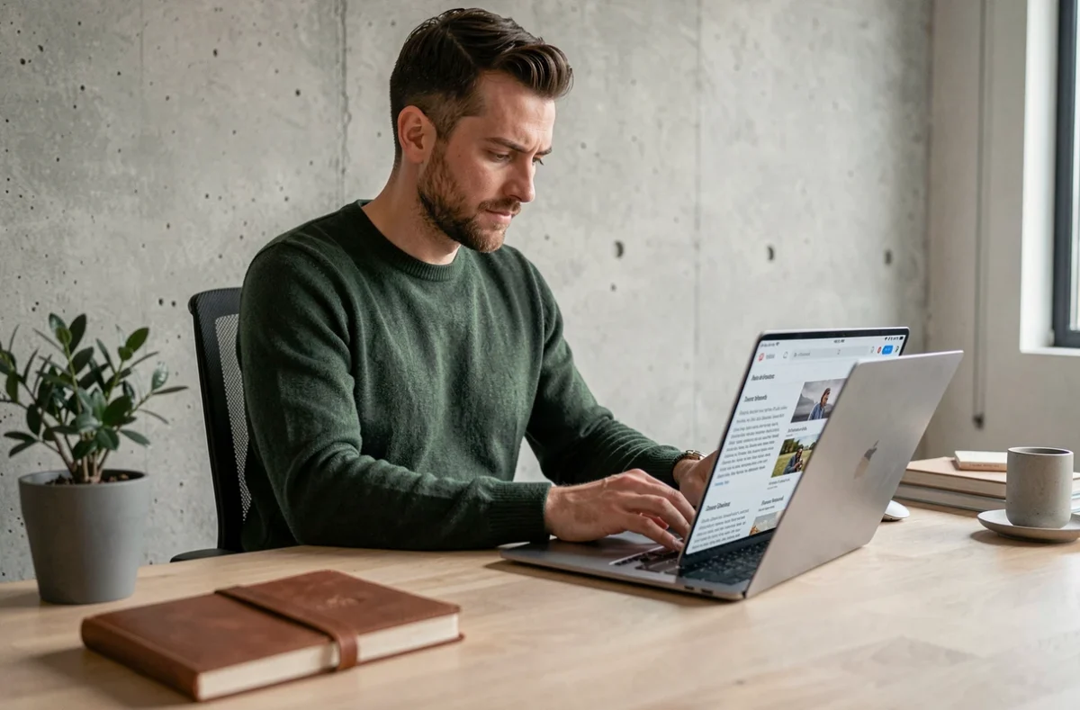 Homme moderne concentré sur les tendances actuelles dans un bureau minimaliste à domicile
